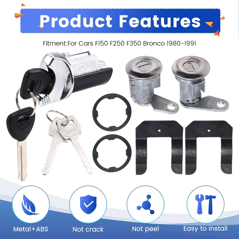 Car Ignition Lock Cylinder Set Car Door Lock Barrel Cylinder Latch With Keys For Ford F150 F250 F350 Bronco 1980-1991