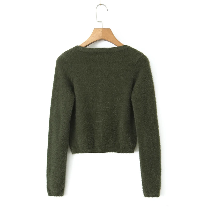 YENKYE New Autumn Women Army Green Mohair Soft Knit Cardigan Front Button Long Sleeve  Female Crop Sweater Outerwear