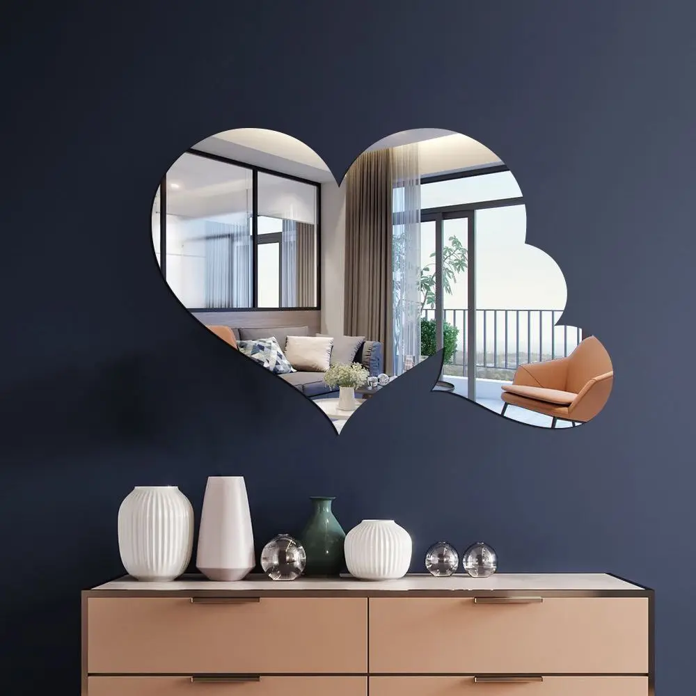 3D Heart Shaped Mirror Stickers DIY Mirror Surface Design Acrylic Wall Stickers Heart Shaped Self-adhesive Heart Art Mural