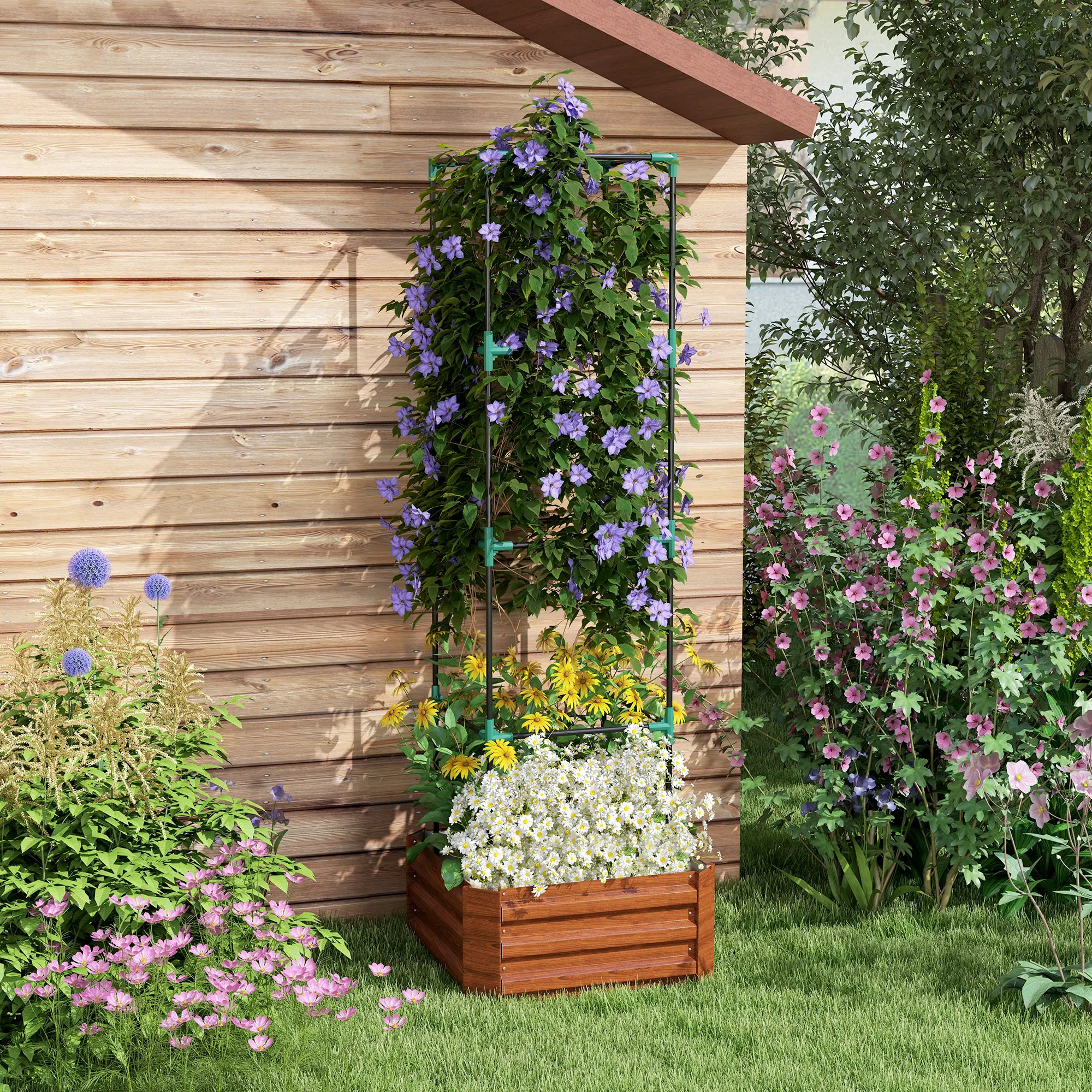 Galvanised Raised Garden Bed with Tomato Cage, Open Bottom, Brown
