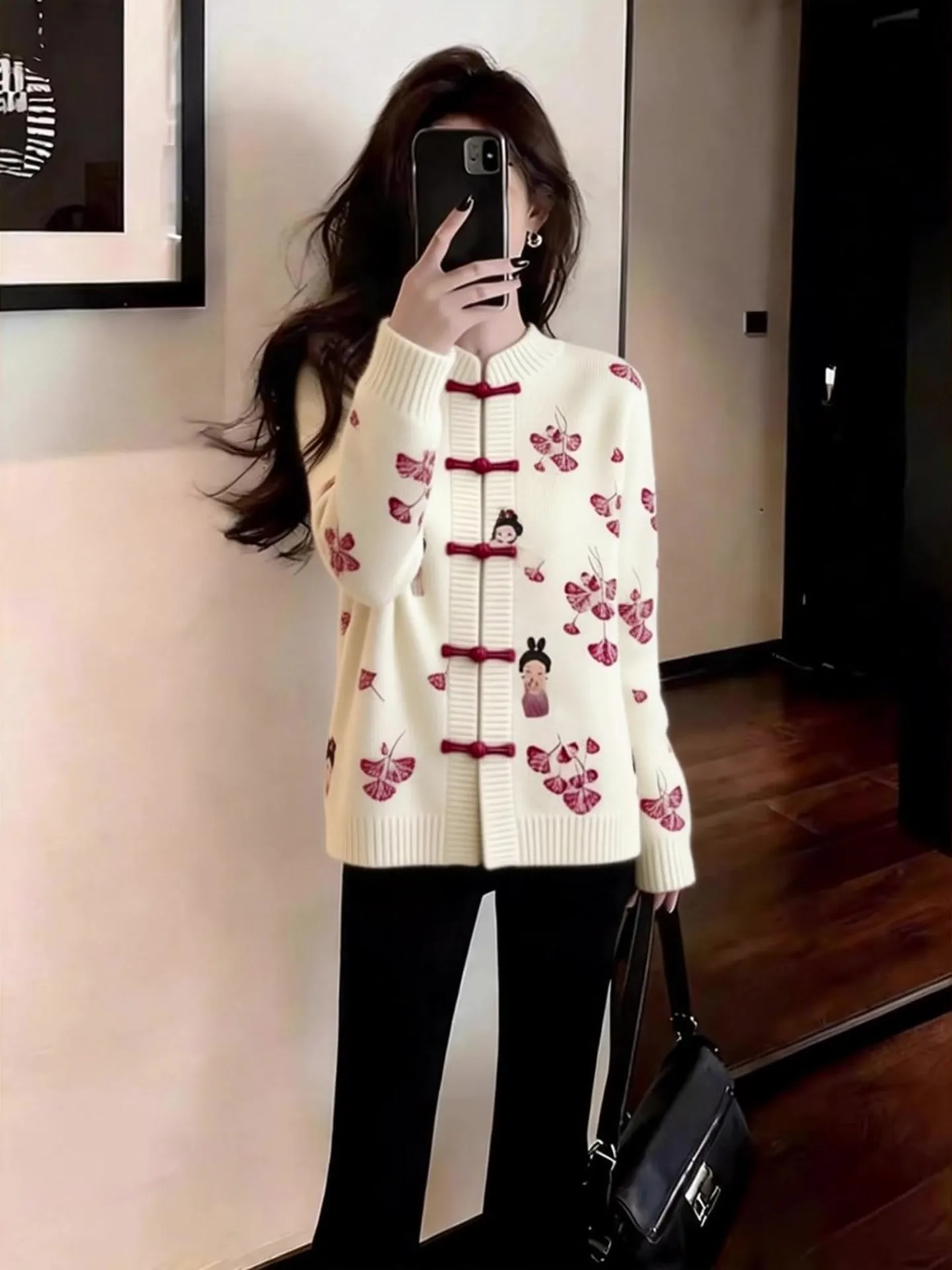 

Faionable New Chinese Sle Long Sve Printed irt Stand Collar Button up Lightweight Versatile Trendy Top Commute Sle