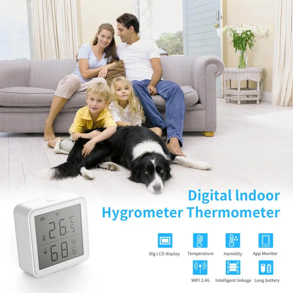 Sensor de temperatura y humedad para interiores, higrómetro, termómetro con pantalla LCD, compatible con asistente de Google Alexa, Tuya, WIFI