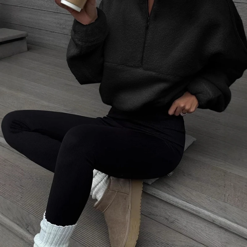 2025 Autumn and Winter Pullover Sweater Warm Solid Color Zipper Street Wind Women's Coat