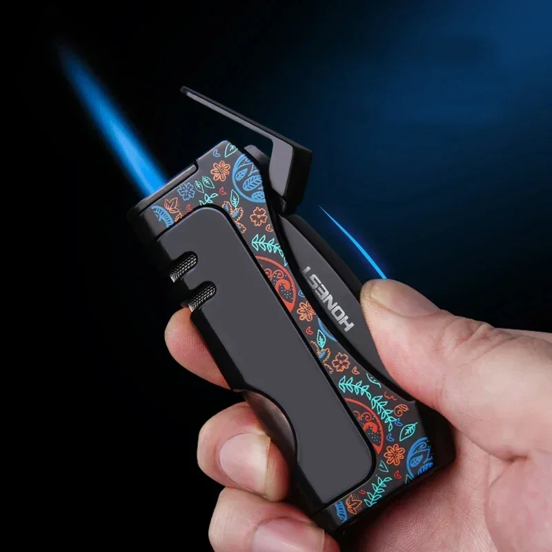 

New Windproof Direct Burning Blue Flame Butane Gas Cigar Cutter Visible Oil Window Side Pressure Ignition Cigar Special Tool