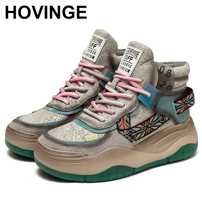 

Genuine Leather Lace-up Shoes Women Sneakers Mixed Colors 2024 New Retro Leisure Comfortable Platform Sneakers
