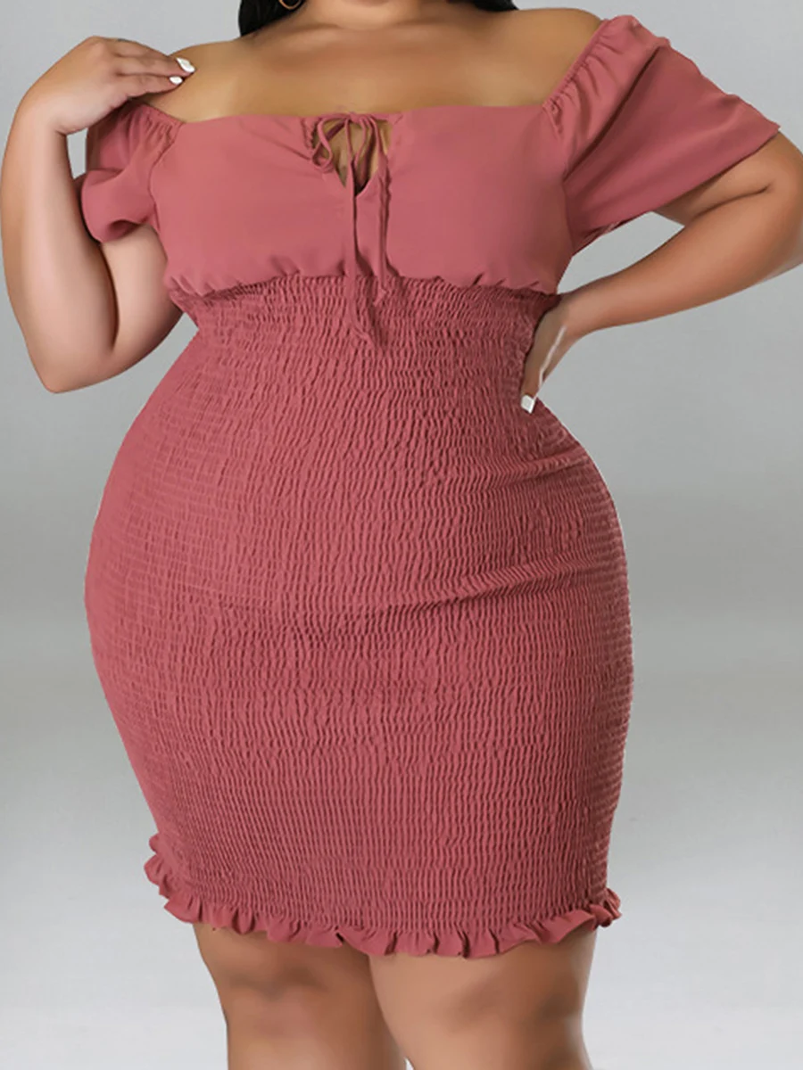 

New Women Plus Size Dress Solid Color Off Shoulder Short Sleeve Casual Dress Summer Fashion Bodycon Dress XL-5XL