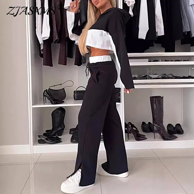 Casual Color Block Two Piece Set Women Fall Crop Top Hooded Sweatshirt Tie-up Split Pant Outfit Winter Long Sleeve Straight Suit