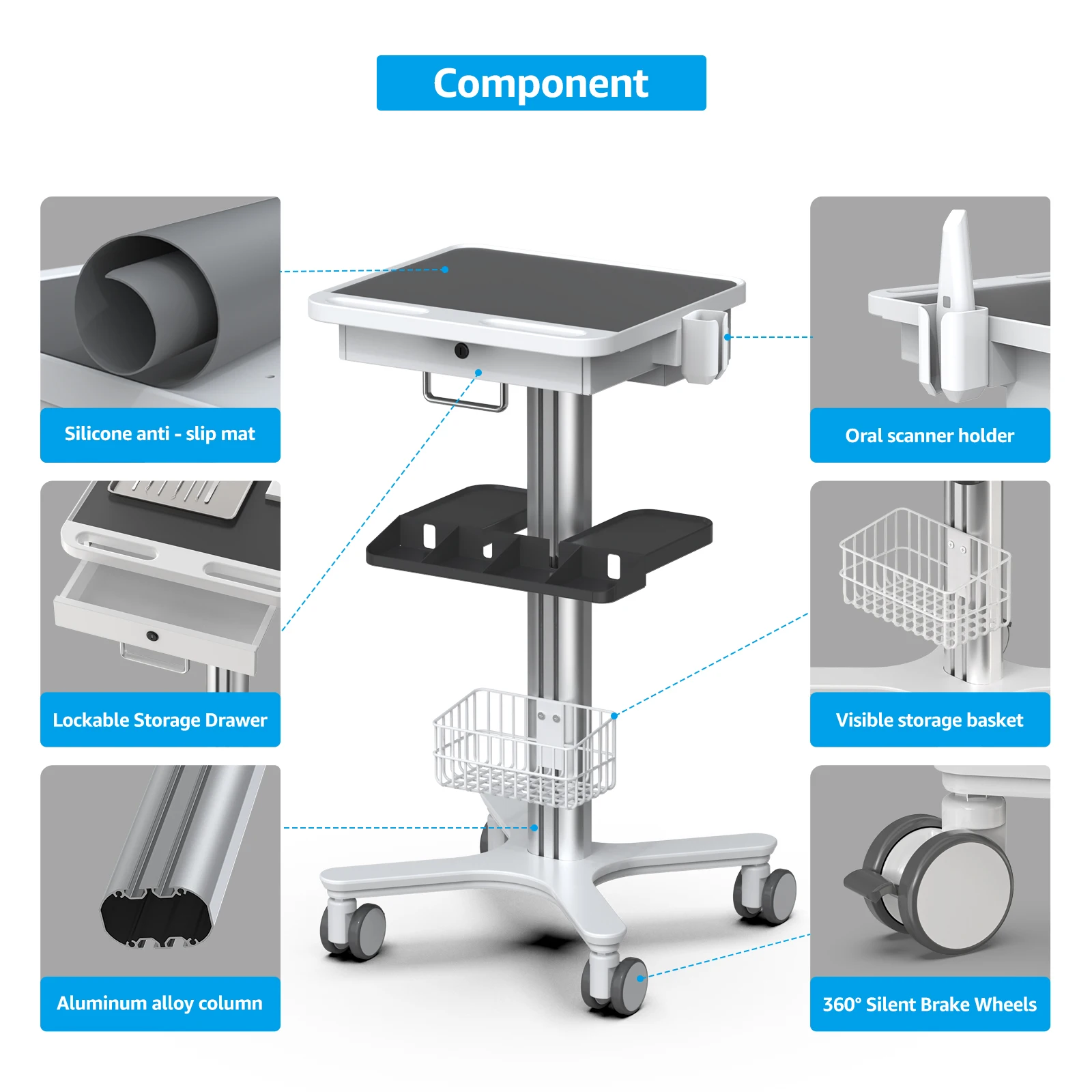 Immagine 4: Carrello Medico con Supporto per Laptop e Organizzatore, Carrello per Clinica Dentistica con Ruote per Ospedale e Salone di Bellezza (RC-1)