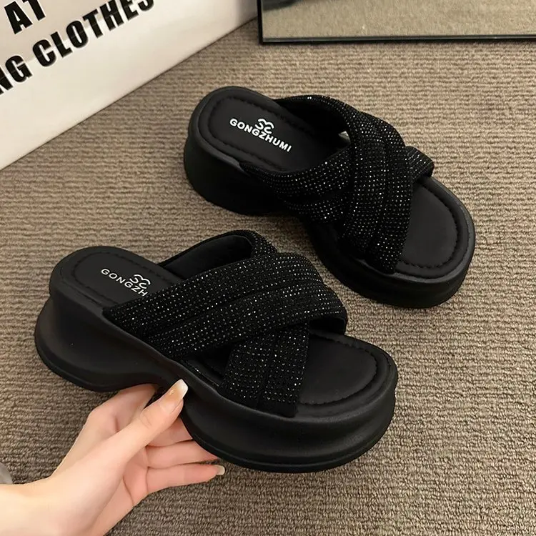 Zapatillas de playa con plataforma para mujer, chanclas bajas de gelatina, calzado de lujo con purpurina, tacones de goma Rom, 2024