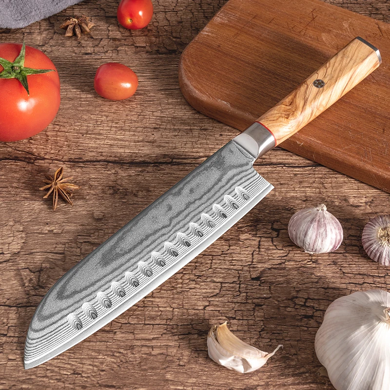 7 Inch Santoku Knife Hexagonal Olive Handle 67 Layers Damascus Steel AUS-10 Blade Chef Slicing Cleaver Japanese Kitchen Knives
