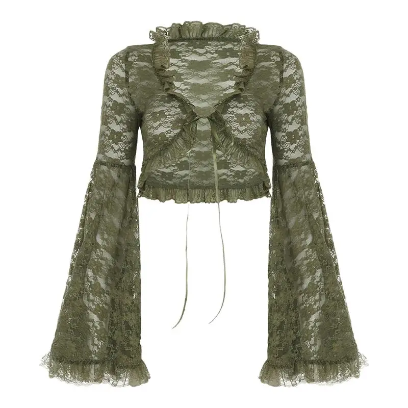 خريف جديد الأخضر الخامس الرقبة تفريغ الدانتيل الربط متوهج كم المرأة معطف فاسق تصميم مثير الساخن فتاة سترة سترة السيدات