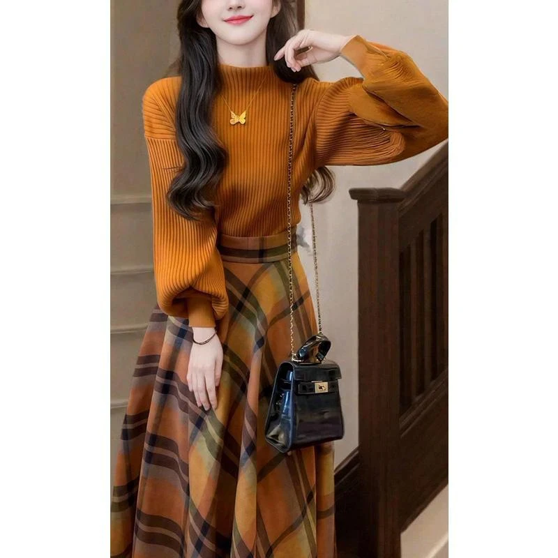 

Женский вязаный свитер в стиле ретро и клетчатая юбка с высокой талией, осенне-зимний комплект из двух предметов для похудения