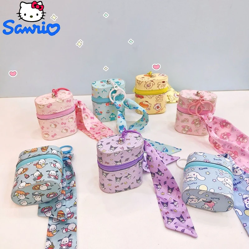 

Sanrio Hello Kitty Y2K Cartoon Cute Ribbon Keychain Mini Small Bag Portable Out Bluetooth Headset Lipstick Protective Sleeve Bag