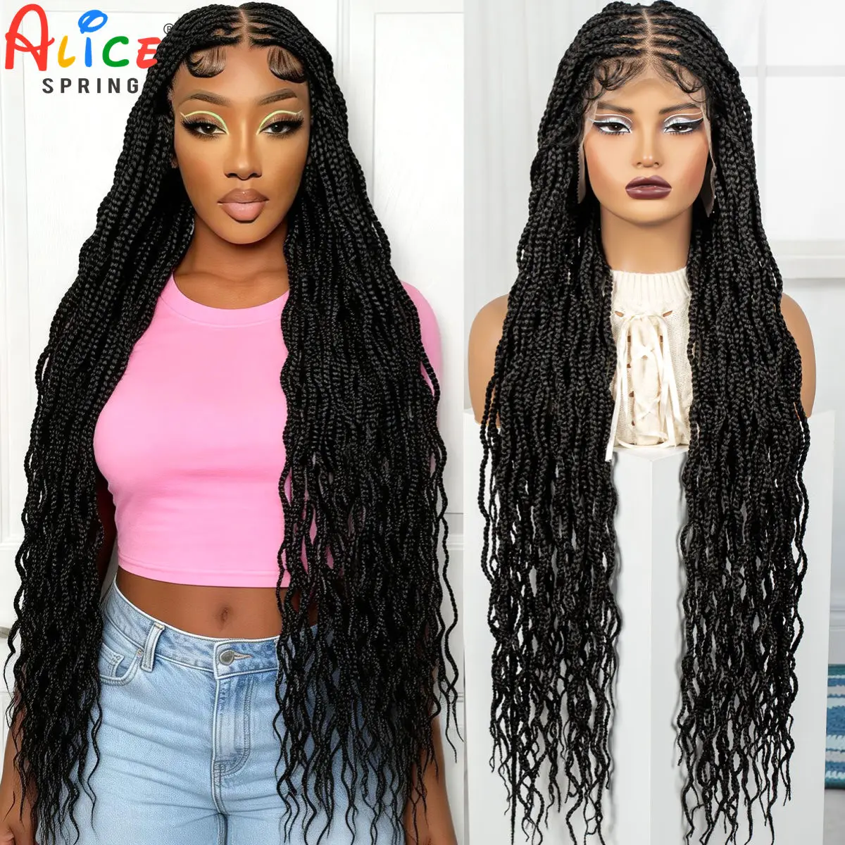Full Lace Natural Twist Braided Wigs 36Inch Long Synthetic Knotless Box Braids Wigs Lace Frontal Braiding Hair Wig for Women