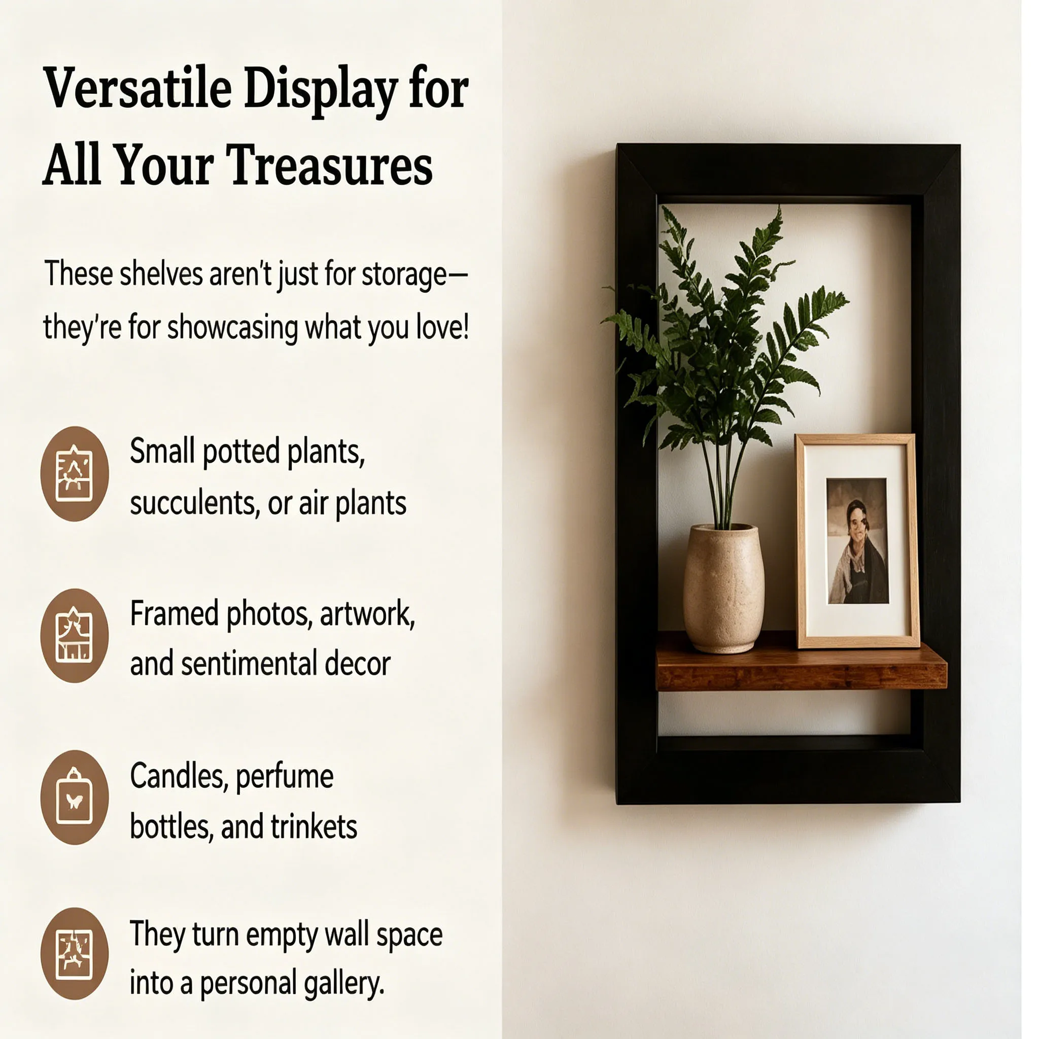 Vintage Wooden Wall Shelf Set Black Brown Square Display Shelves for Photos Candles Flowers Albums Living Room Bedroom Bathroom - view 5
