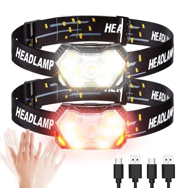 9-lampka czołowa LED o mocnym świetle, ładowana przez USB, reflektor z czujnikiem ruchu, przenośna, wędkarska, kempingowa, zewnętrzna latarka czołowa, latarka robocza