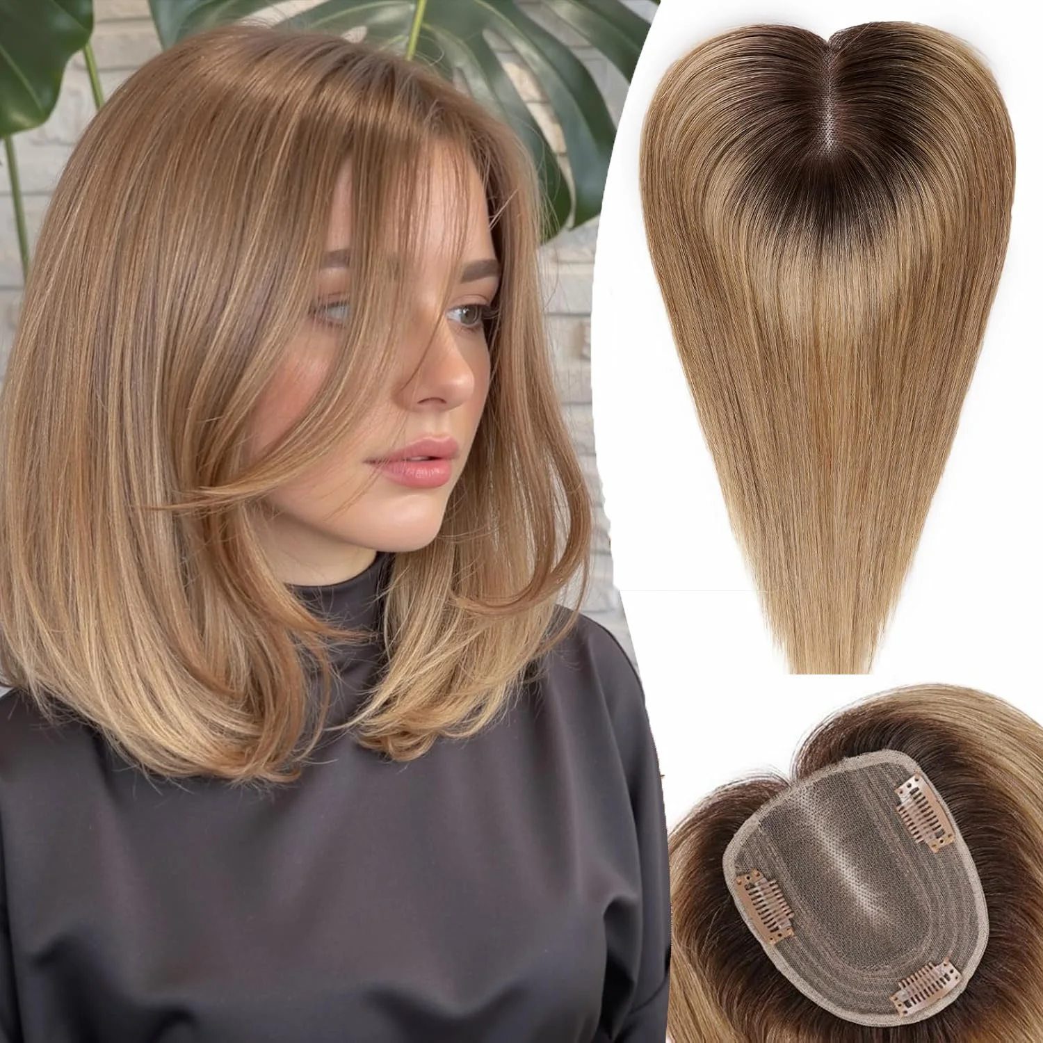 Ombre Brown Human Hair Toppers Middle Part Women Hair Toppers 12in Straight 3.9*4.7in Topper Hairpiece For Women With Dark Roots