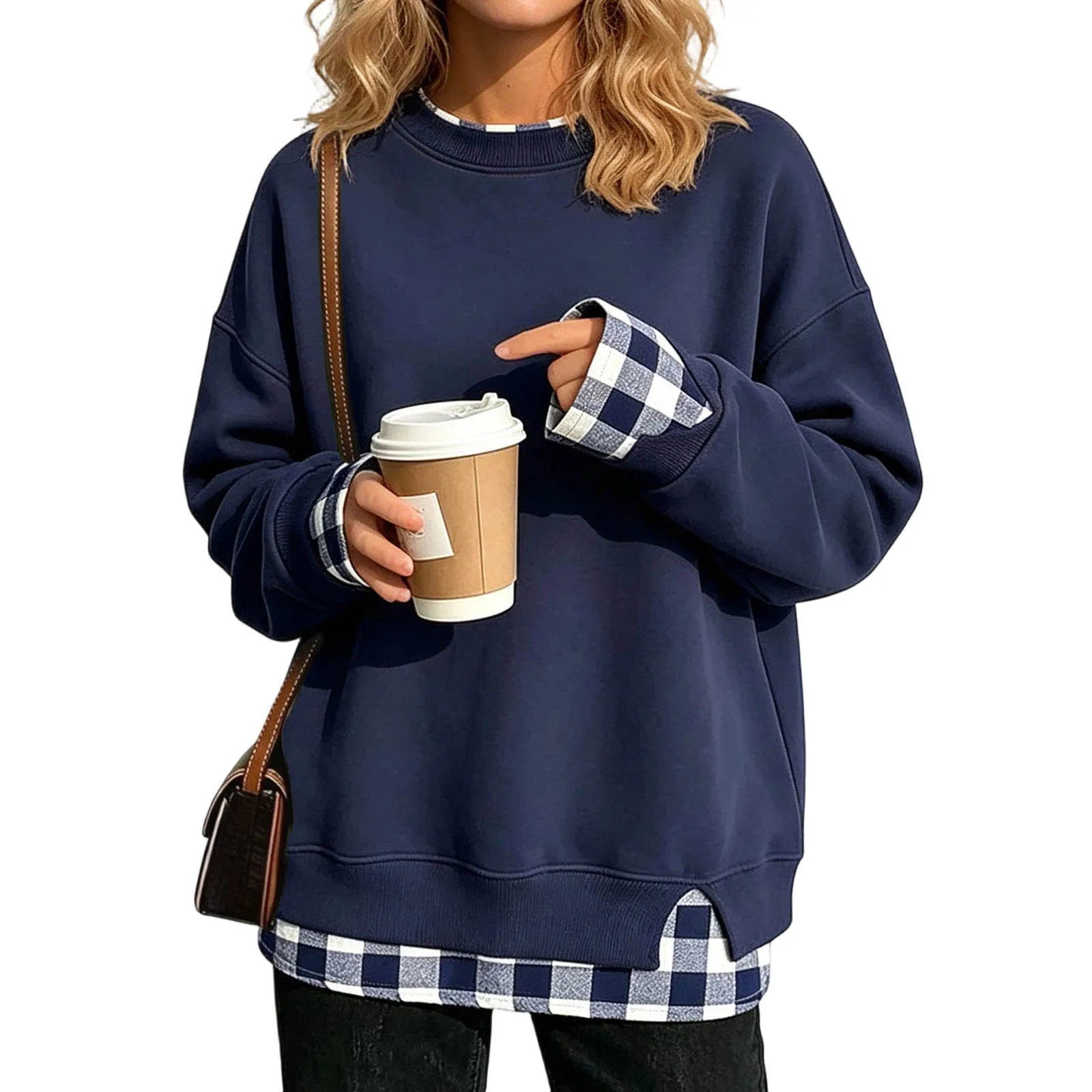 Women's Fake Two-Piece Oversize Sweatshirts With Plaid Hem Side Slit Long Sleeve Pullover Loose Fit Round Neck Sweatshirts Tops
