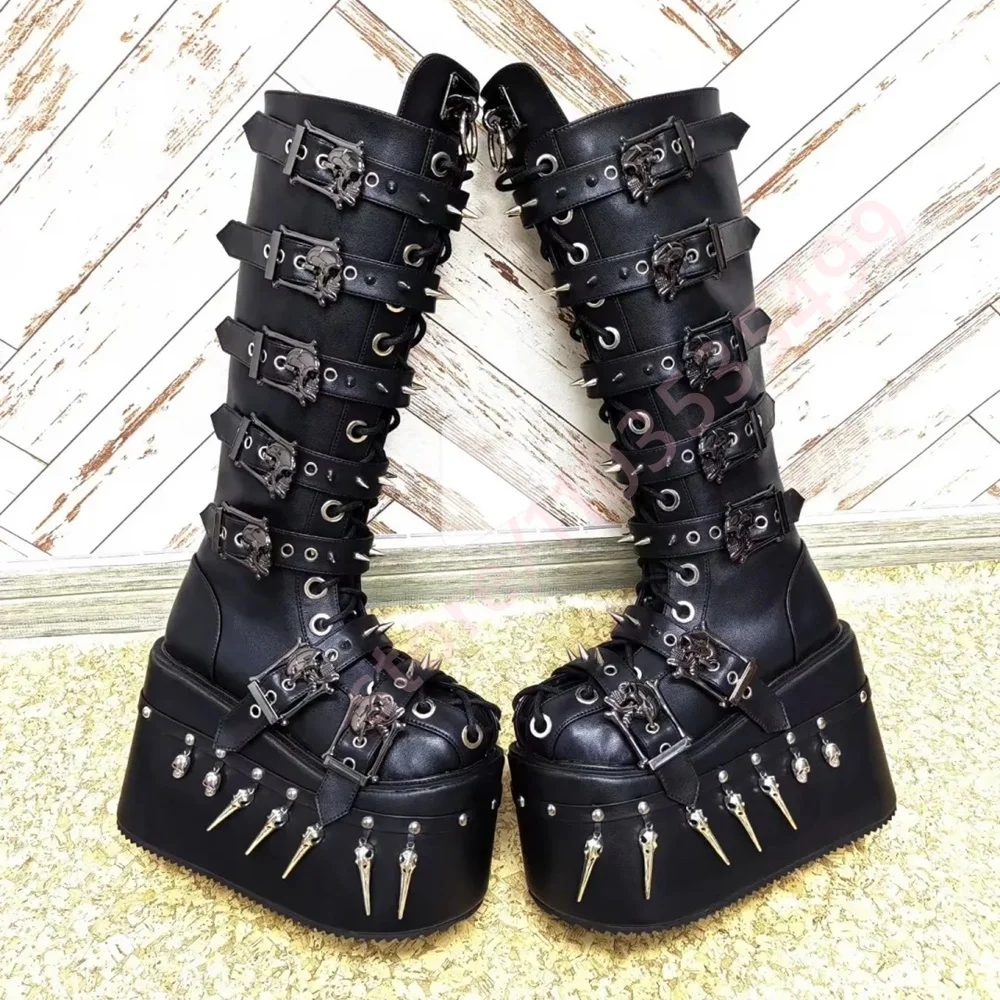 2026 Gothic Black Platform Knee High Boots Women Skull Spike Rivet Multi Buckle Straps Lace Up Side Zip Punk Cosplay Tall Boots view 4