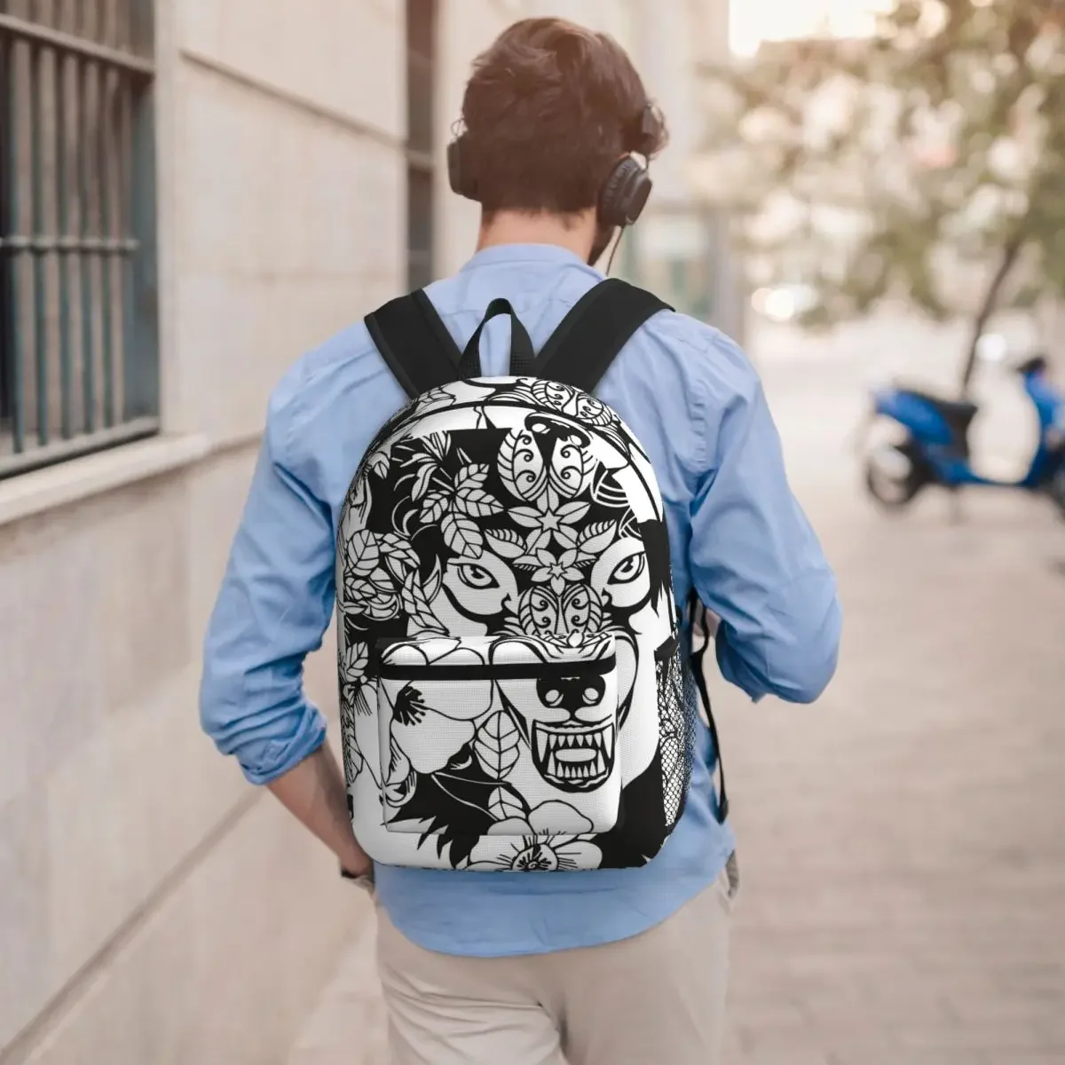 Black White Wolf Surrounded By Flowers Student Backpack School Bag Hiking Travel Daypack for Men Women Bookbag Shoulder Bags