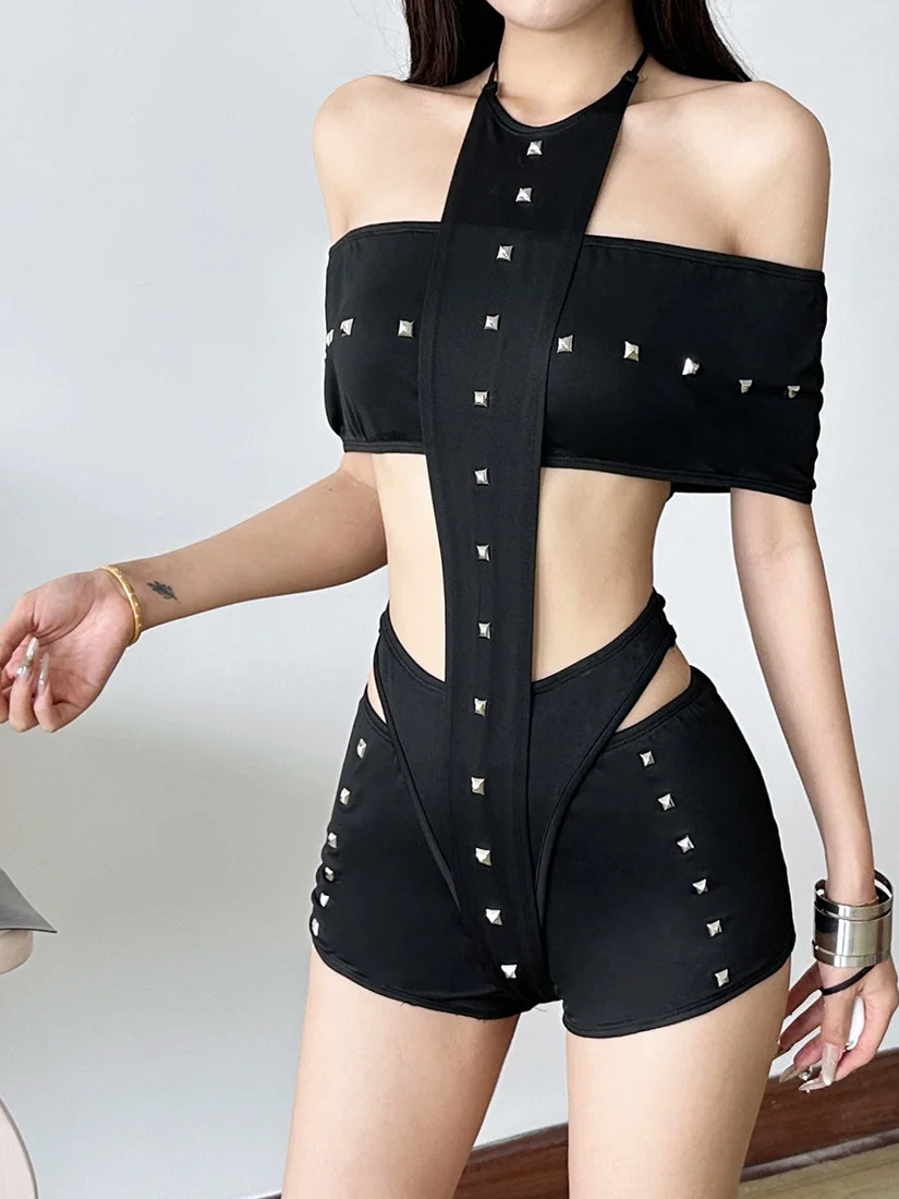 ชุดบิกินี่ผู้หญิงทรงสลิมฟิตแบบเซ็กซี่ สายไขว้ด้านหลัง เสื้อครอปและกางเกงเอวสูง ผ้าโพลีเอสเตอร์