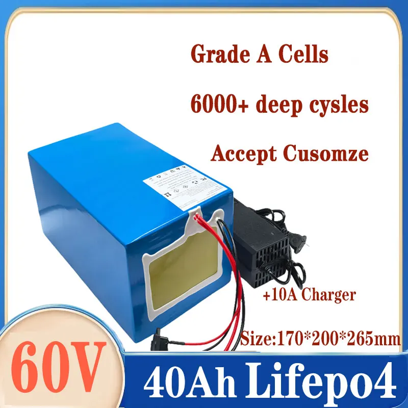

Литиевая батарея lifepo4 60 В 40 Ач с глубоким циклом BMS для электрического велосипеда 3000 Вт, вилочного погрузчика, скутера, мотоцикла AGV + зарядное устройство 5А