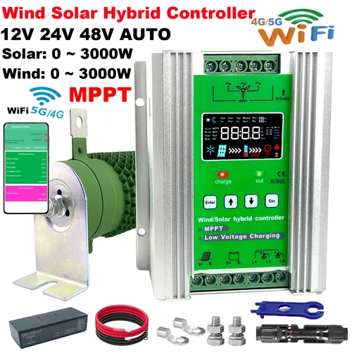 Imagen 1 del producto Controlador de carga híbrido Solar eólico MPPT de 5000W, 12 24 48V, 80A, 120A, pantalla LCD, Monitor Wifi para batería de plomo y litio Lifepo4