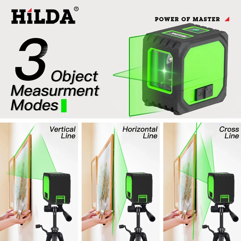 HILDA 2 Lines Laser Level USB Charging Mini Laser Level Self Levelling Green Beams Laser Horizontal & Vertical Cross-Line