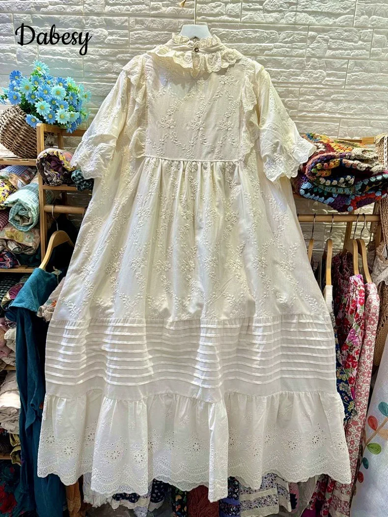 Vintage Mori Girl Flower Print White Dress Women Peter Pan Collar Lace-up Cotton Linen Long Dress Summer Retro A-line Vestidos