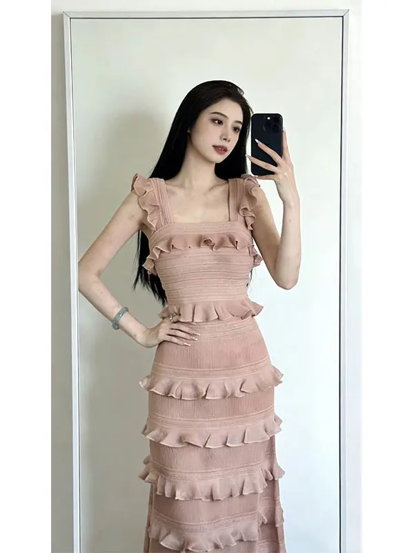 

Korean Sle Sexy Square Collar Vest Top Layered Ruffle Hem Skirt Set Spring 2026 Faion Women's Two-Piece Polyester Ensemble