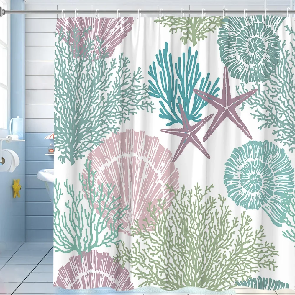 

Vintage Nautical Shower Curtain, Ocean Shore Starfish Coral Shell Creative Modern Polyester Fabric Bathroom Decorative Curtains