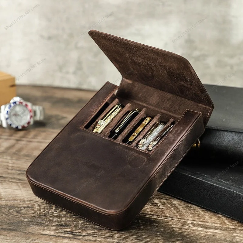 For Horse Leather Pencil Case  Handmade Magnetic Drawer Type Student Pen Storage Box