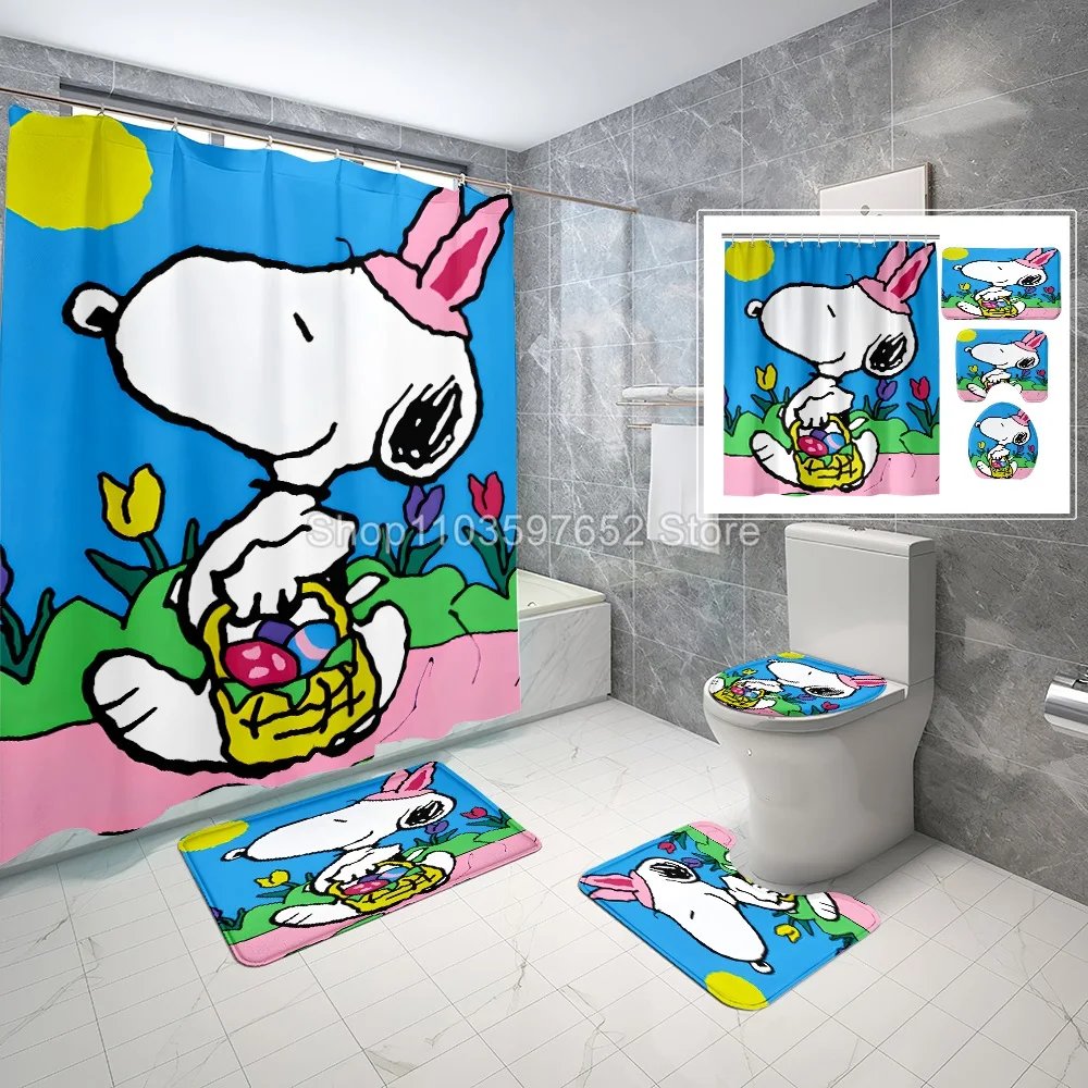 Snoopy Shower Curtain Bath Mats 4 Set Piece Various Sizes Kawaii Bathroom Cartoon Great Gift Kids Cute 100% Polyester