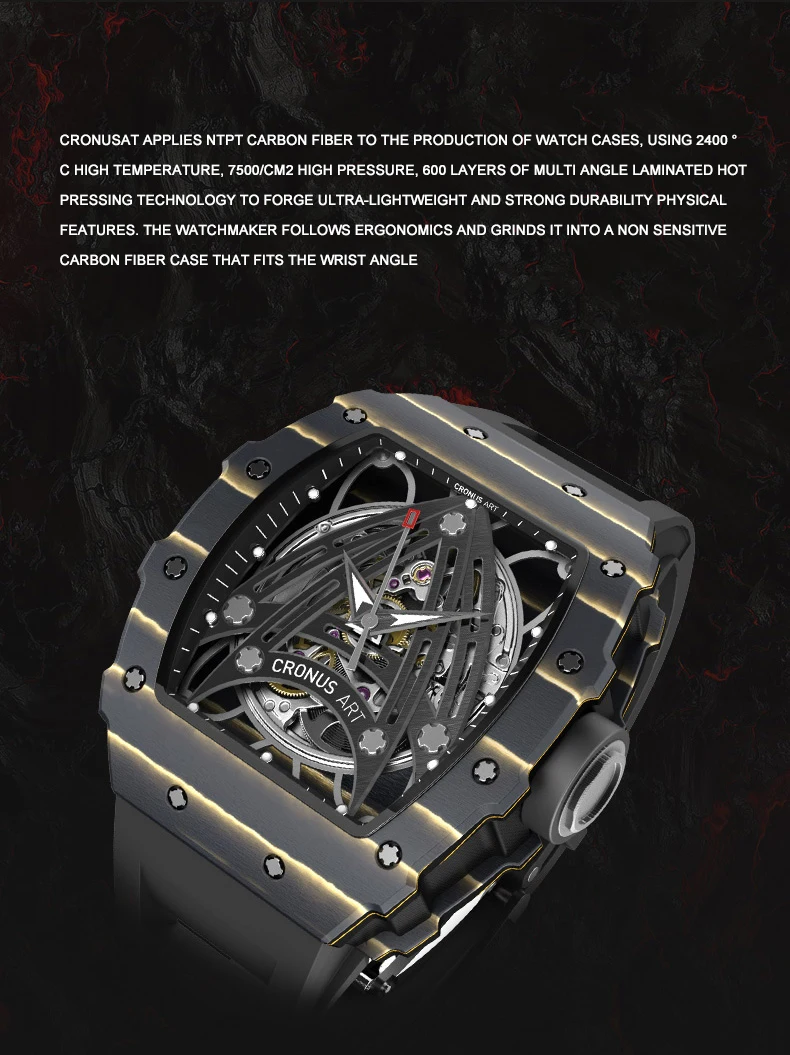 CRONUSART ساعة أوتوماتيكية للرجال 50 مللي متر Tonneau ساعة اليد الميكانيكية ألياف الكربون حافظة مضيئة فلوروروبر حزام الهيكل العظمي الهاتفي