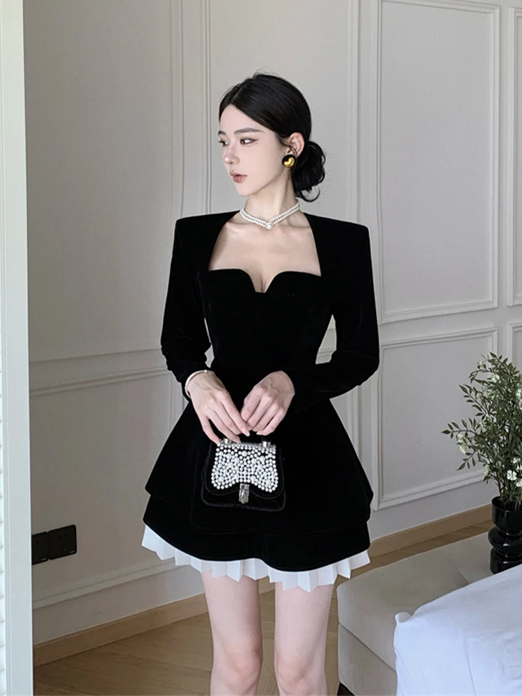 

Syj plus Size Retro Long Sve Dr Women's High Waist Puffy Skirt Casual Sle A-Line Dr ort Length Square Collar