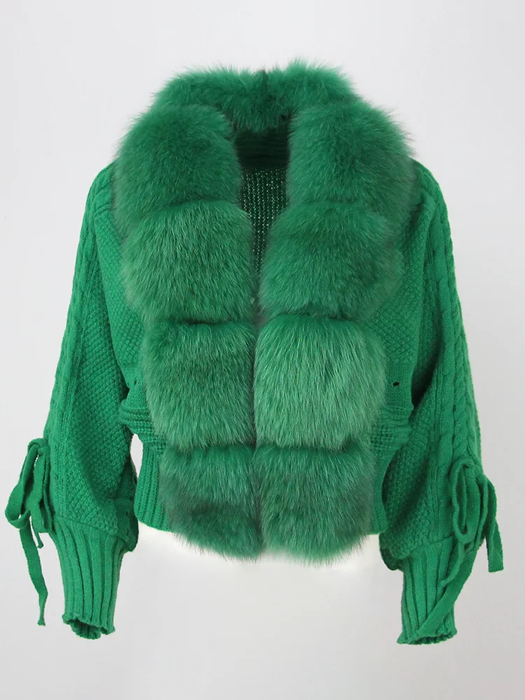OFTBUY 2023 Winter Frauen Casual Echt Fox Pelz Kragen Neue Mode Kurze Warme Lose Gestrickte Jacke mit Natürliche Pelz Knopfleiste Mantel