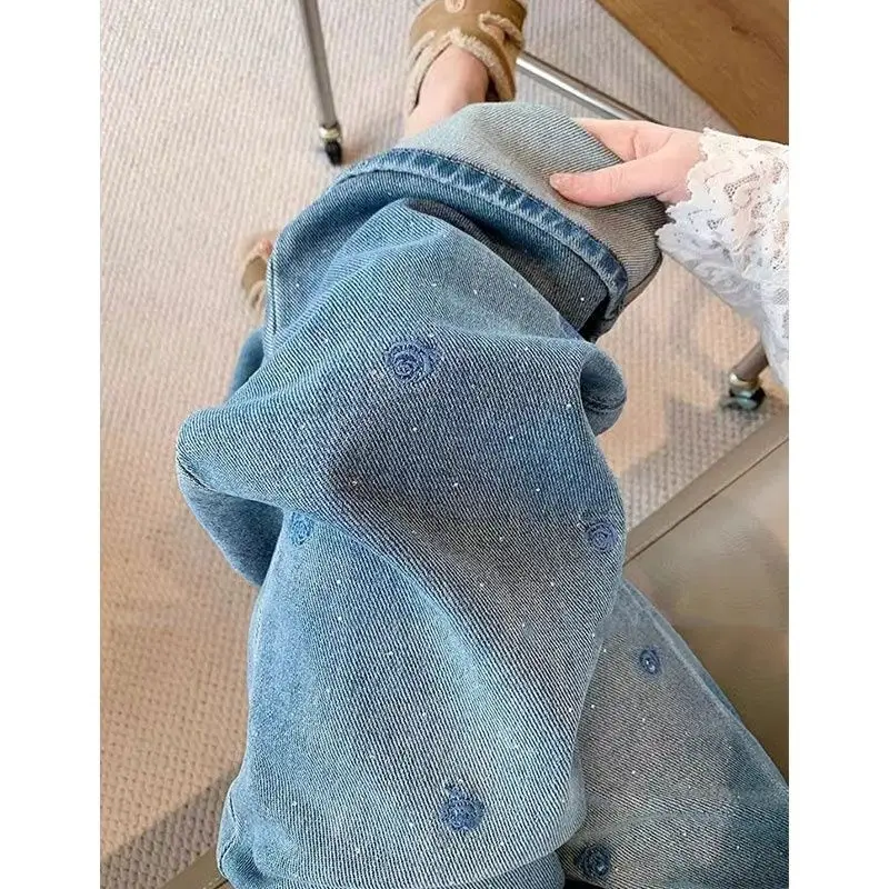

Blue Embroidered Hot Diamond Jeans Women's New Large Size High Waist Wide Leg Denim Pants Casual Versatile Straight Leg Pants