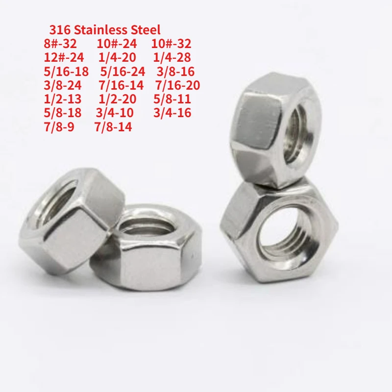 1-100pcs UNC UNF 8#-32 To 7/8-14 316 Stainless Steel UK US Standard Coarse Fine Thread Hex Hexagon Nut Hardware Fasteners
