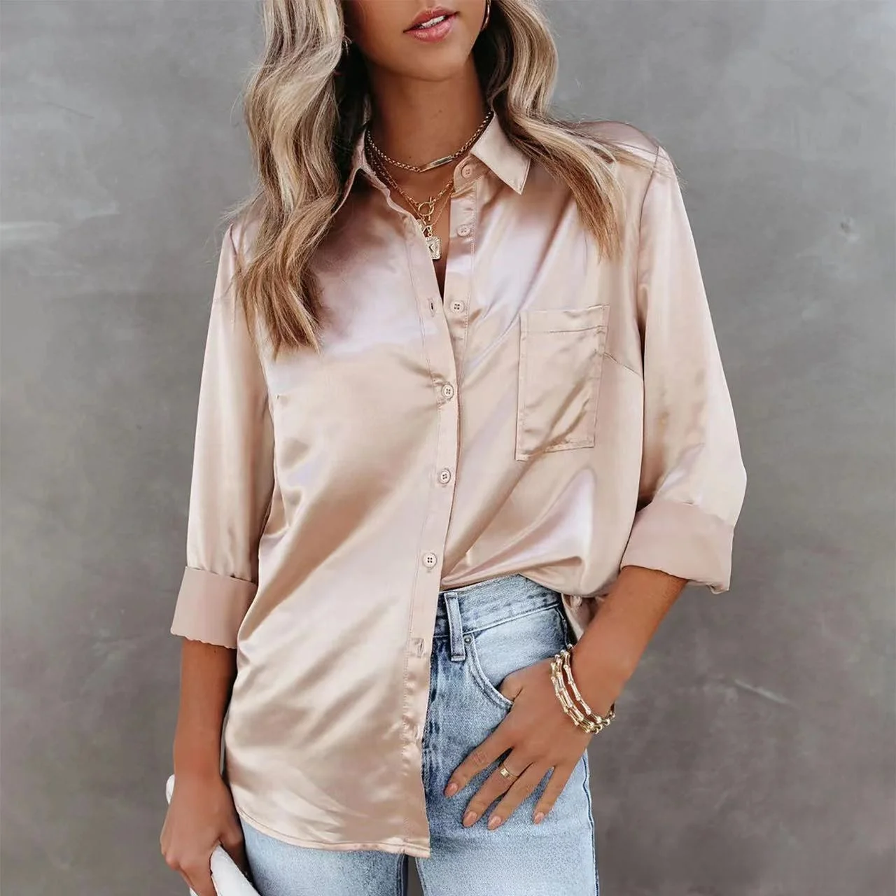 Cardigan ouvert en Fiber de Polyester, chemise mi-longue, élégante, couleur Pure, manches longues, chemise en Satin, col montant