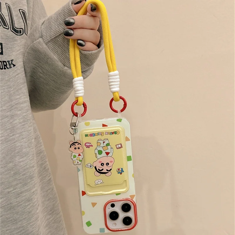 Cute color Geometry cartoon Crayon Shin -chan Wallet card bag Lanyard Phone Case For iPhone 11 12 13 14 15 16 Pro Max Plus Cover