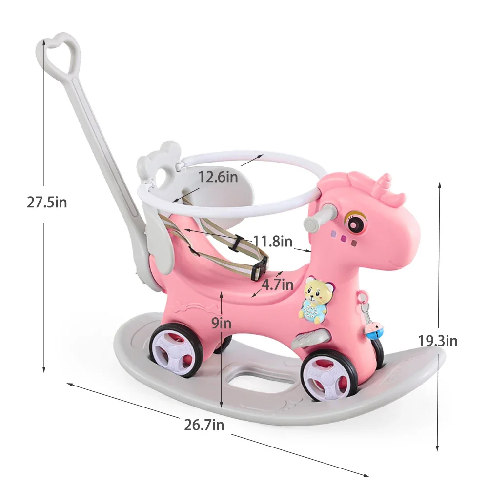 Rocking Horse for Toddlers Bike Ride On Toys with Push Handle Backrest and Balance Board for Baby Unicorn Kids Riding Birthday