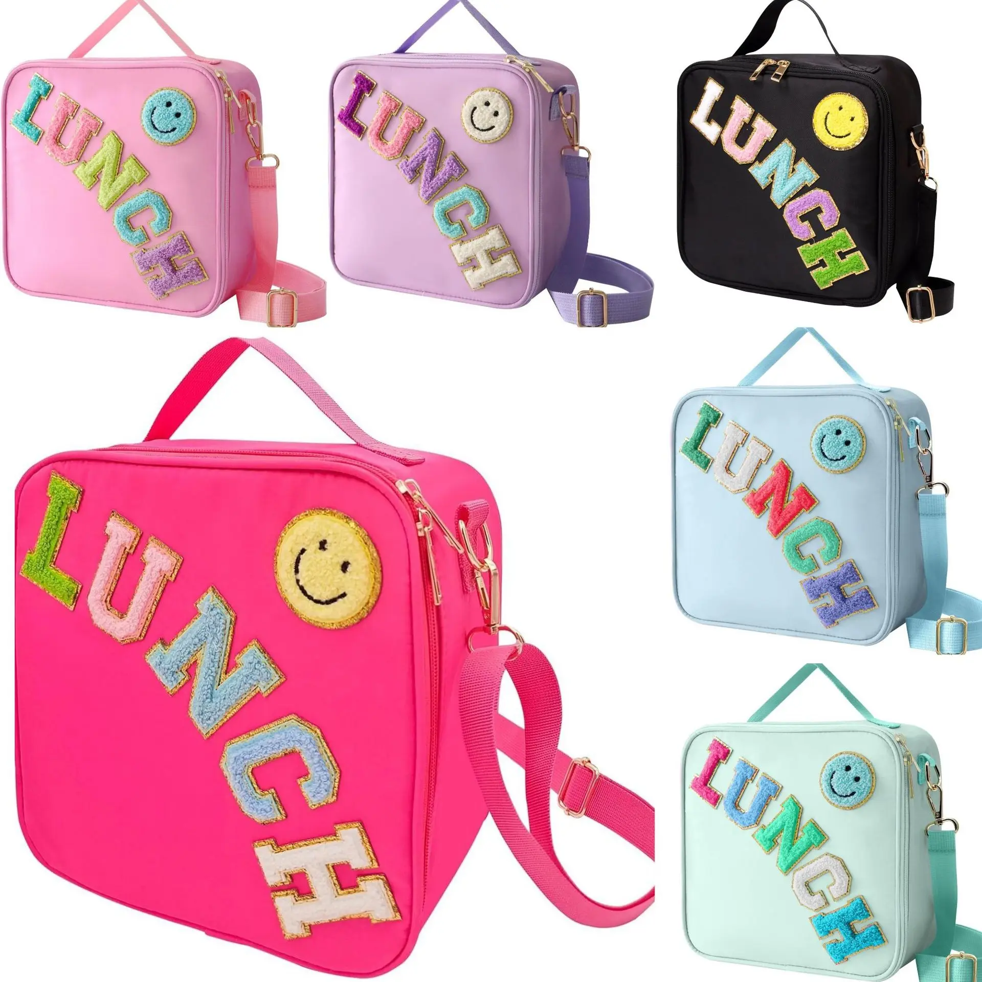 Isolierte Lunch-Tasche mit Smiley-Stickerei, Umhängetasche und tragbare Mehrzweck-Lunch-Tasche für Studenten, große Kapazität, wasserdicht. – Detail 5