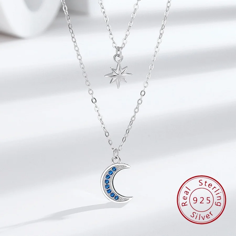 

Двухслойное ожерелье из стерлингового серебра 925 пробы с восьмиконечной звездой и луной для женщин, стильный многослойный серебряный дизайн ювелирных изделий