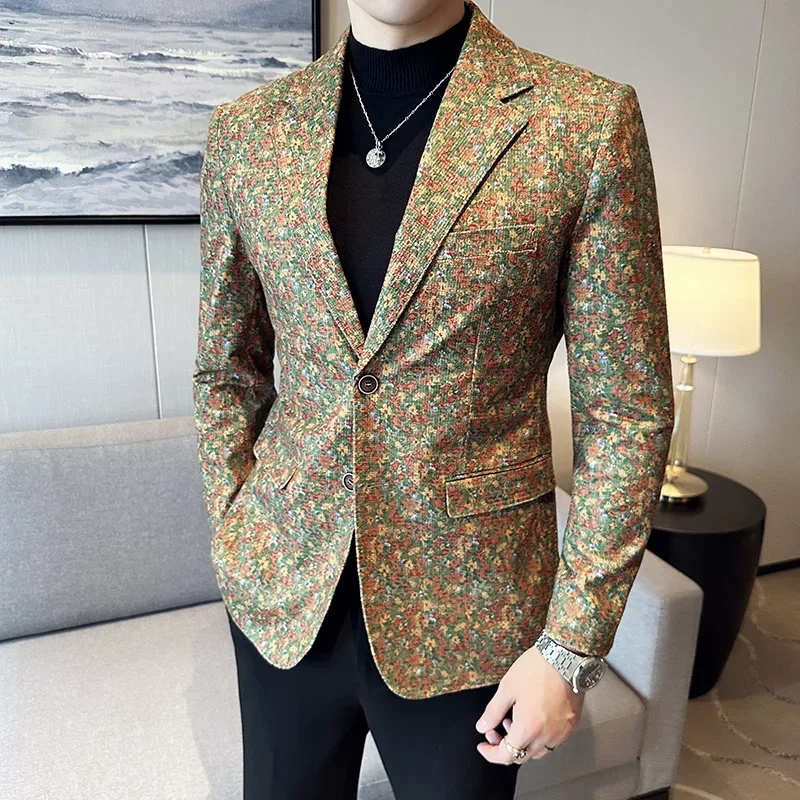 High Quality Floral Print Suit Jacket for Men Single Buckle Slim Fit Casual Business Blazers Office Social Wedding Costume Homme