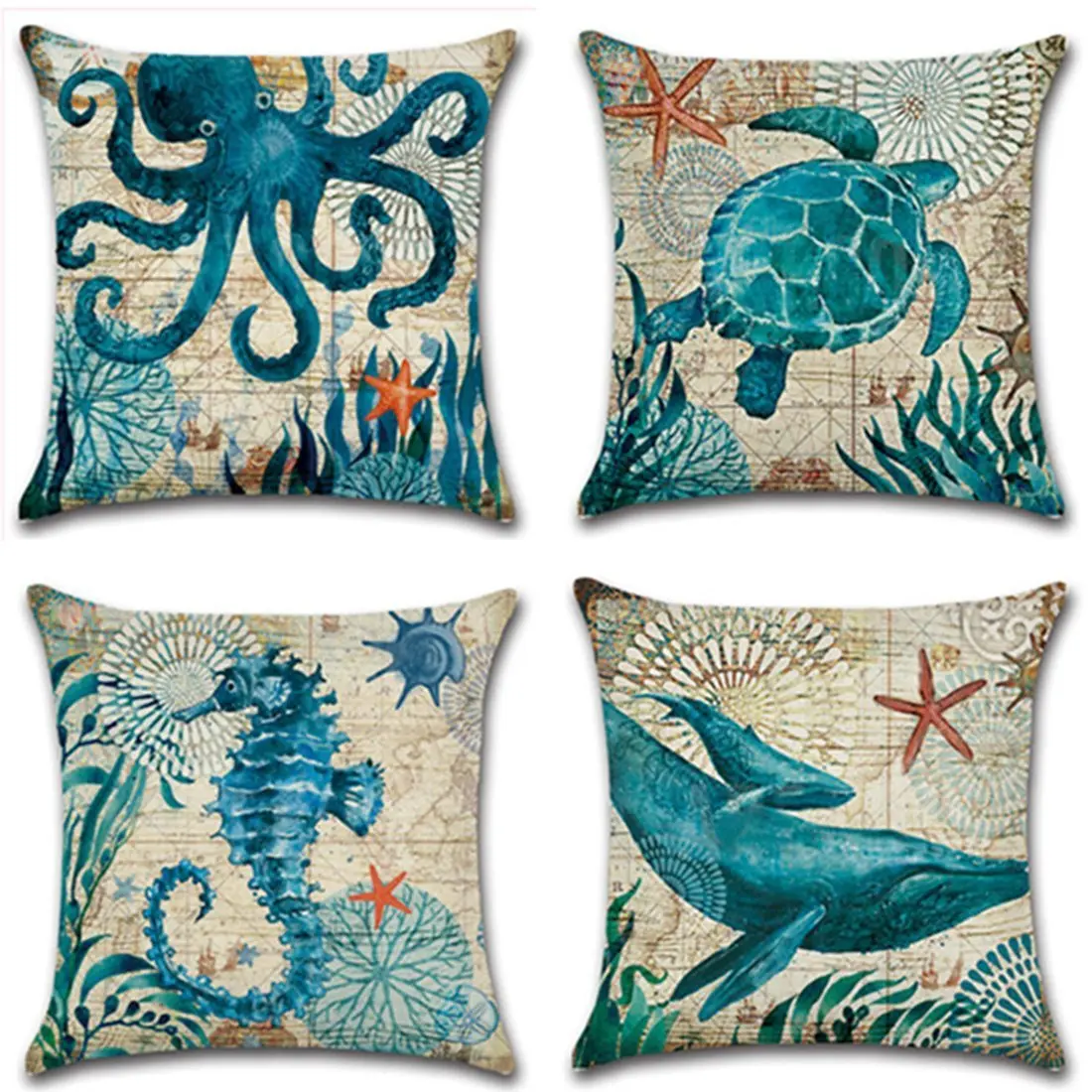 

Cotton Linen Throw Pillow Case, Sea Theme, Decorative Square, Nautical Cushion Cover, Mediterranean Style, 4Pack