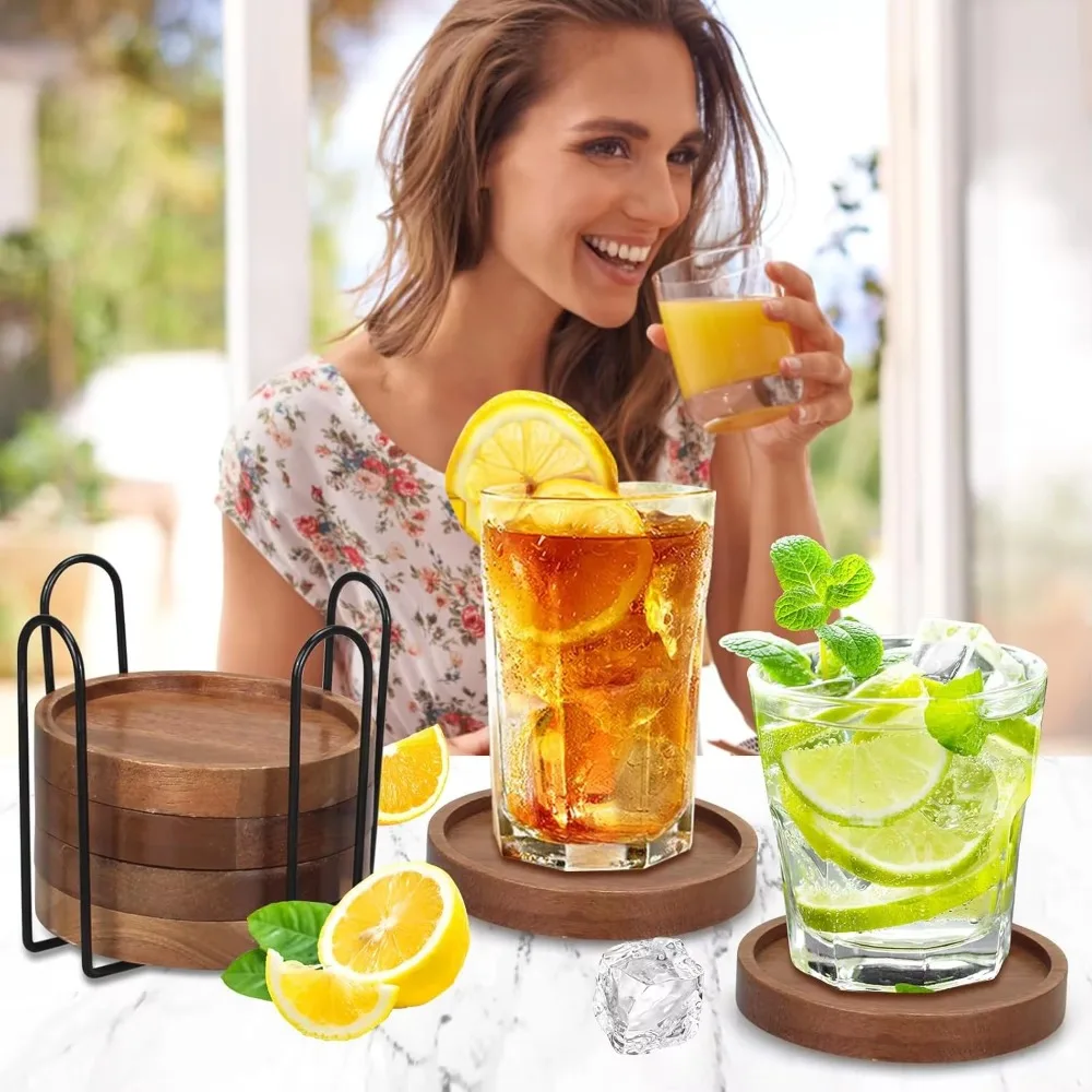 

4/6pcs Round Wood Coasters With Holder Non-slip Insulated Cup Mat Thickened Anti-scalding Table Protection Drink Coaster