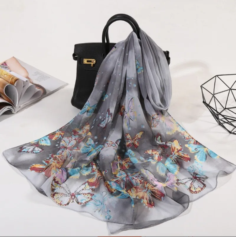 Ultra-thin Soft Chiffon Sun Protection Beach Towel Butterfly Printed Long Women's Shawl Scarf