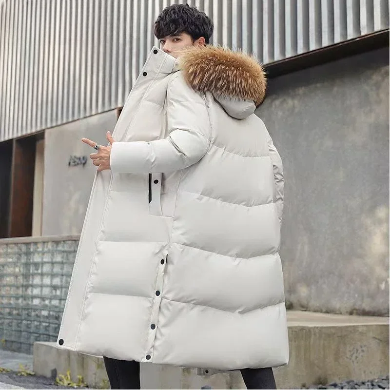 Men New Down for Winter Jacket  Hooded Real Raccoon Fur Collar  Style Trendy Youth White Duck Down Thick Warm Long Student Coat