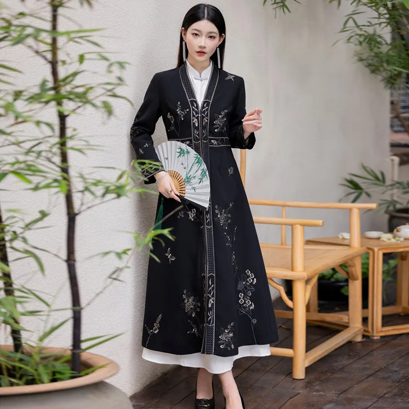 High-End Herfst Vrouwen Trenchcoat Retro Elegant Borduurwerk A-Line Lady Party Hanfu Jurk S-XXL