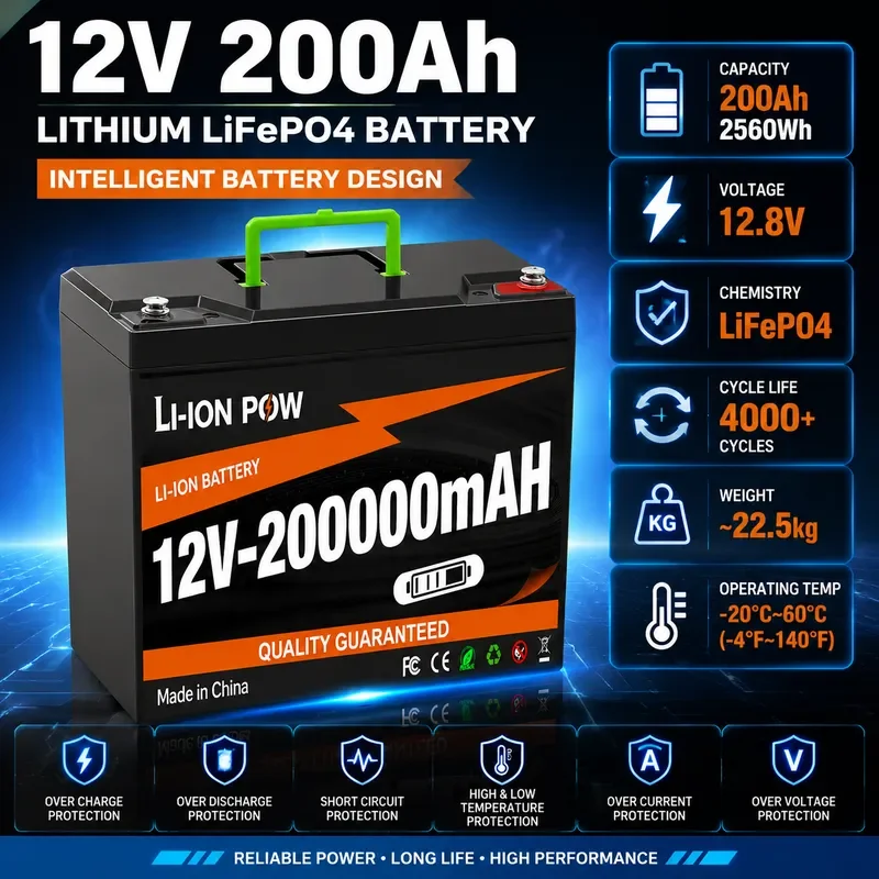 12V 200Ah Lithium Battery with Handle for Solar RV Outdoor Power Supply Portable Large Capacity Customized Model